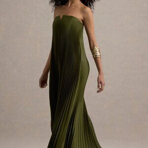 Bergamot Olive Satin Sweetheart Maxi Dress